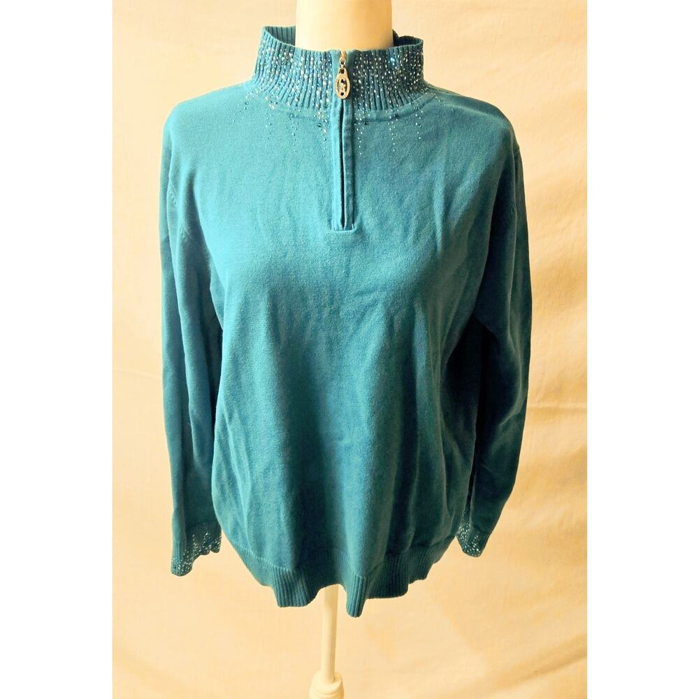 Christine Alexander Sequins 1/4 Zip Sweater Sz XL 90s Preppy Bling Teal Pullover